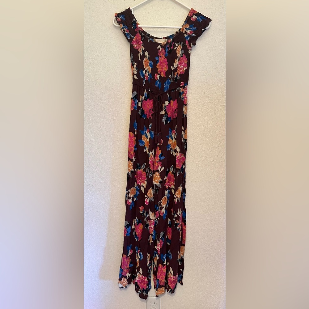 Brownish Purple Jumpsuit with Shirred Elastic Off-the-shoulder Top and Pockets